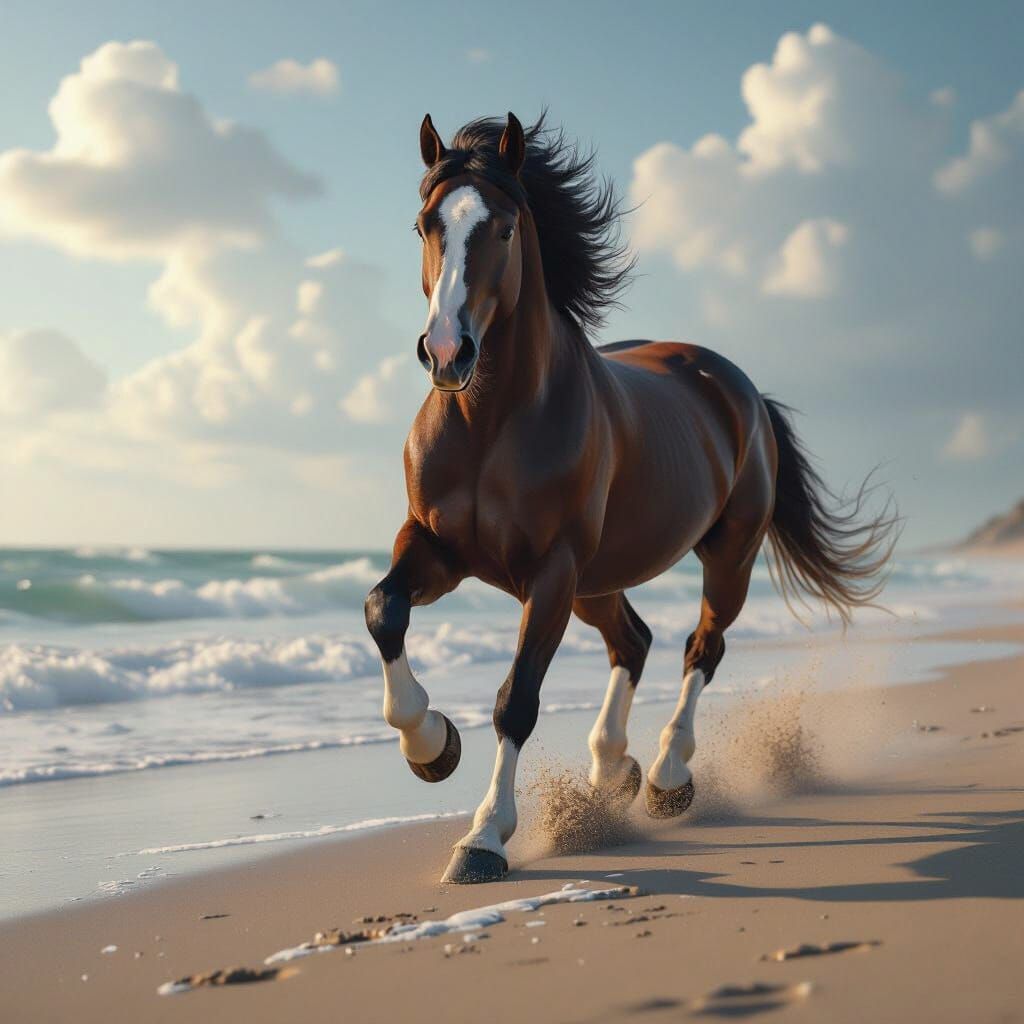 Majestic Bay Horse Galloping on Windswept Beach