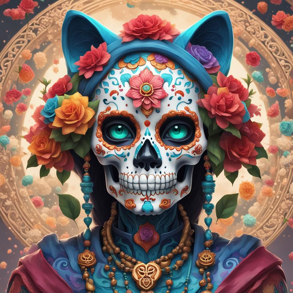 Maneki Neko Sugar Skull Art