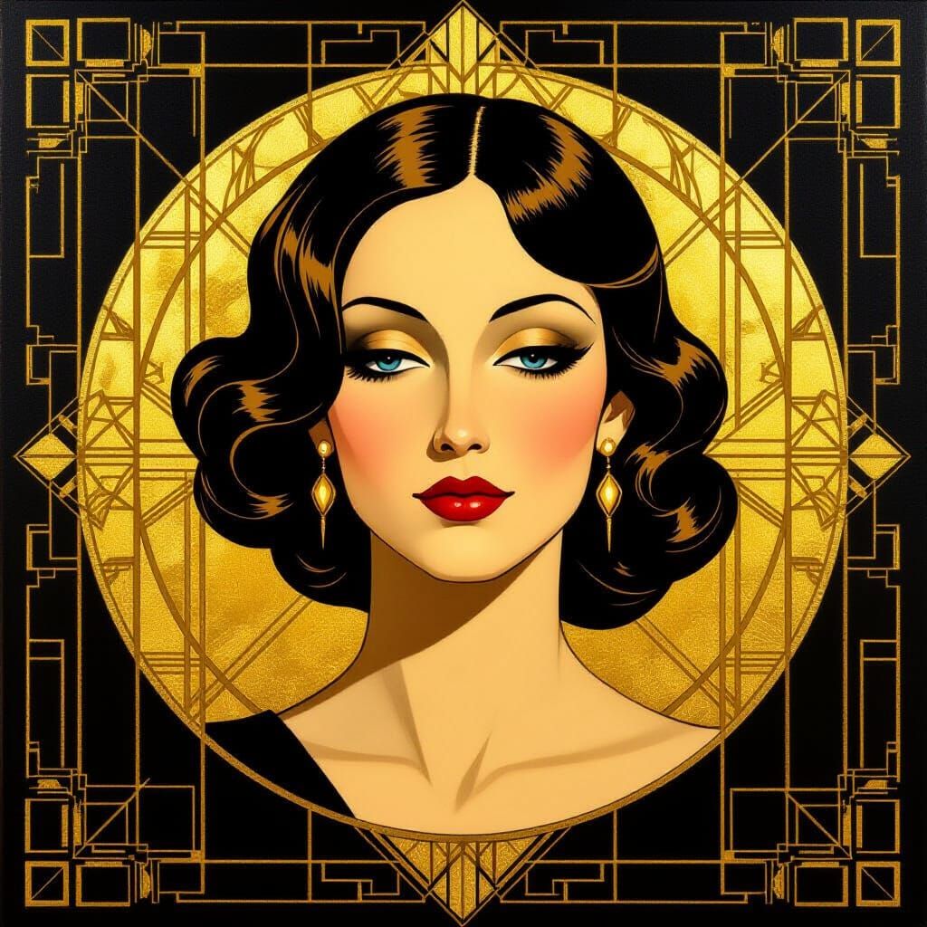 Art Deco Portrait of Elegant Woman with Golden Geometry