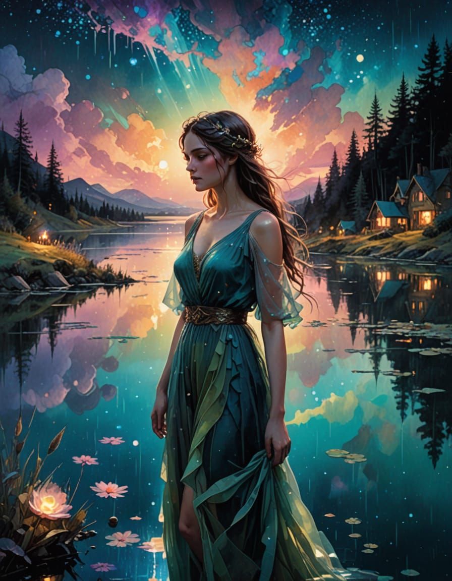 Whimsical Fantasy Scene in Iridescent Colors