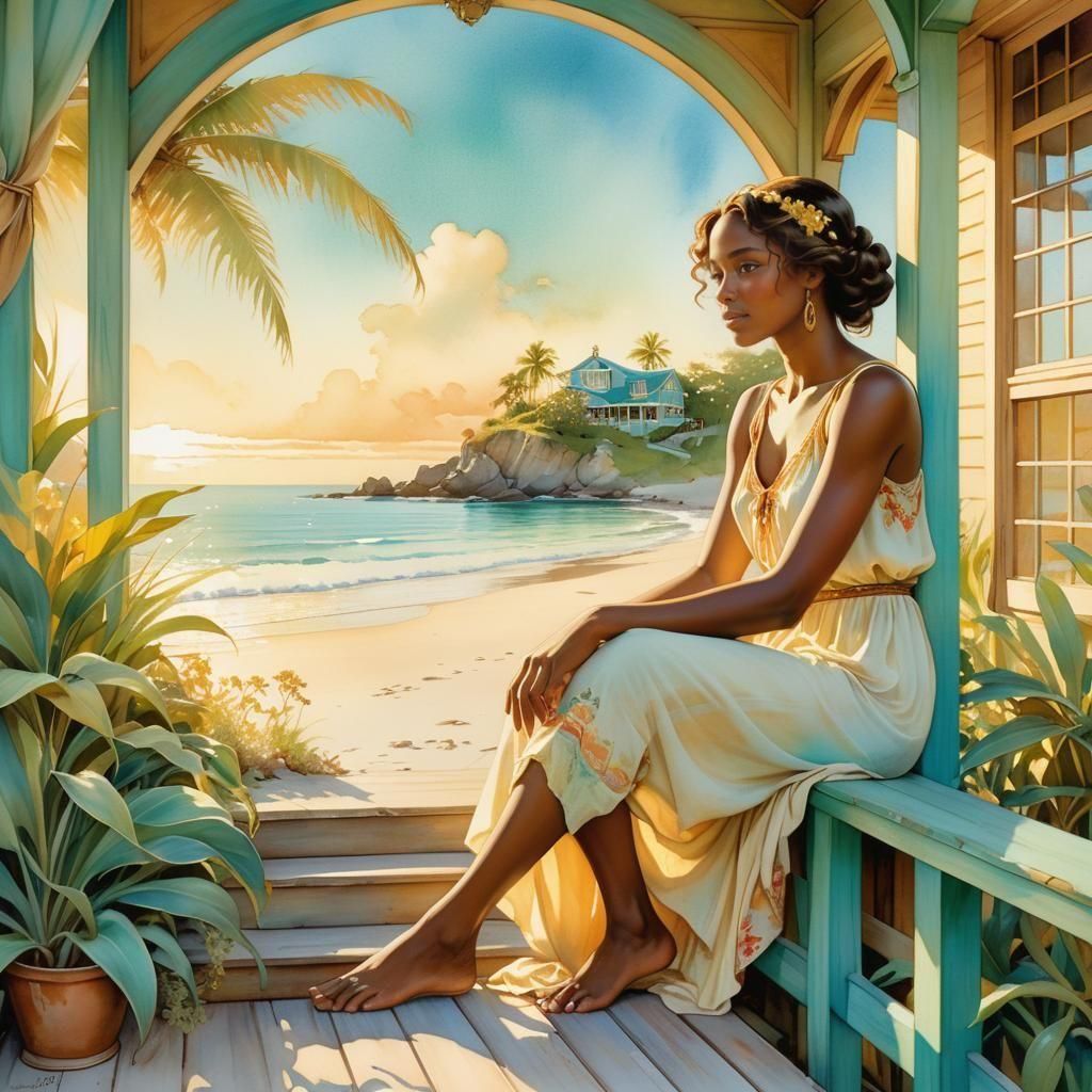 Jamaican Woman on Beach: Watercolor Art Nouveau Illustration