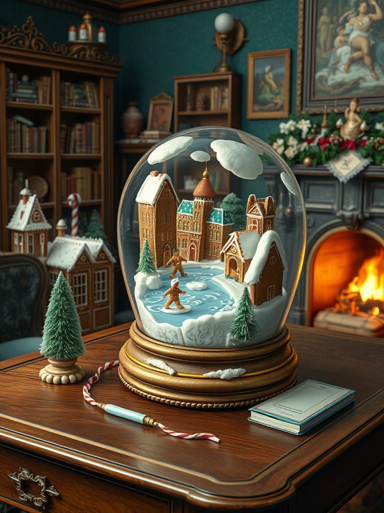 Gingerbread City in Snow Globe, Art Nouveau Style