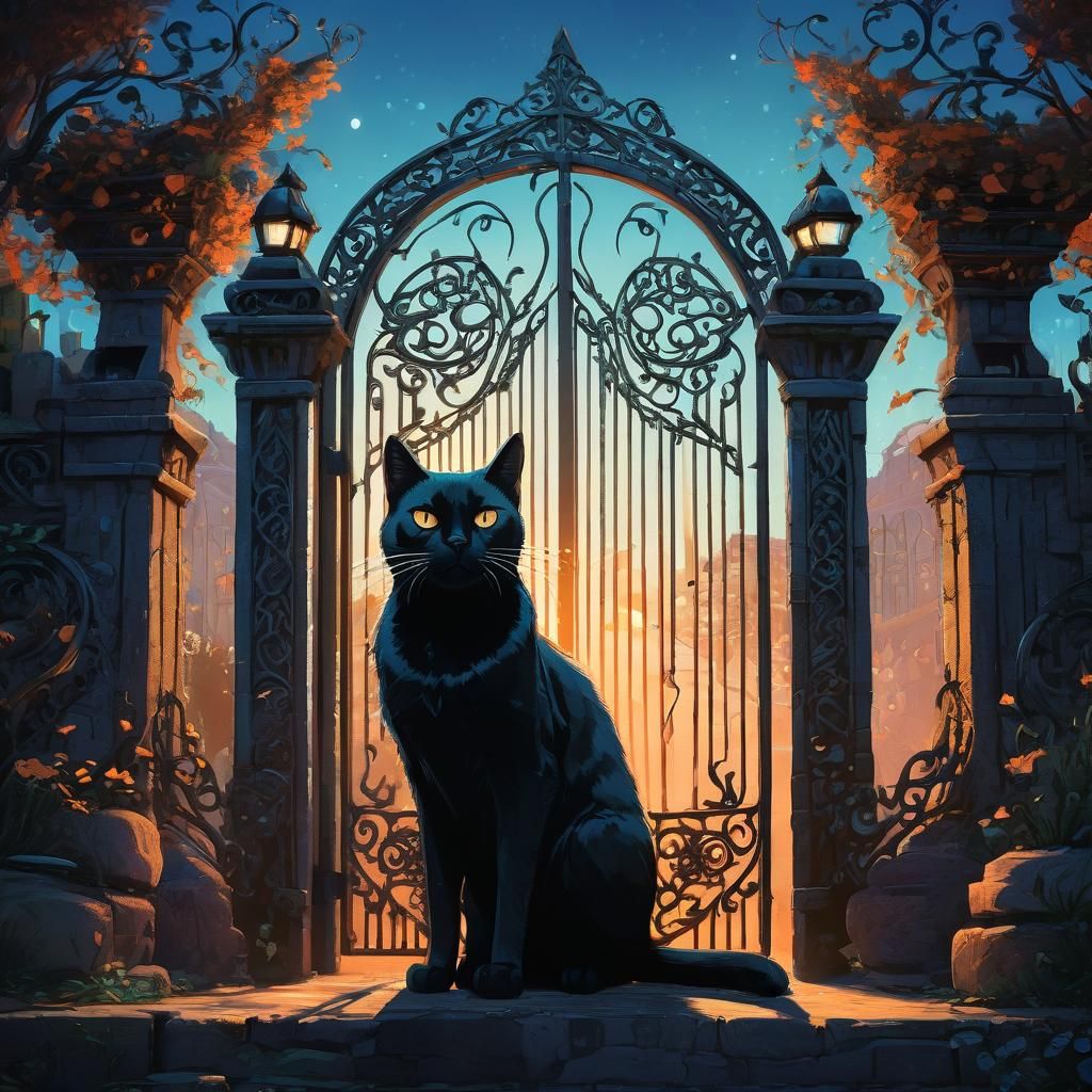 Whimsical Feline Gatekeeper in Dreamy Fantasy Art
