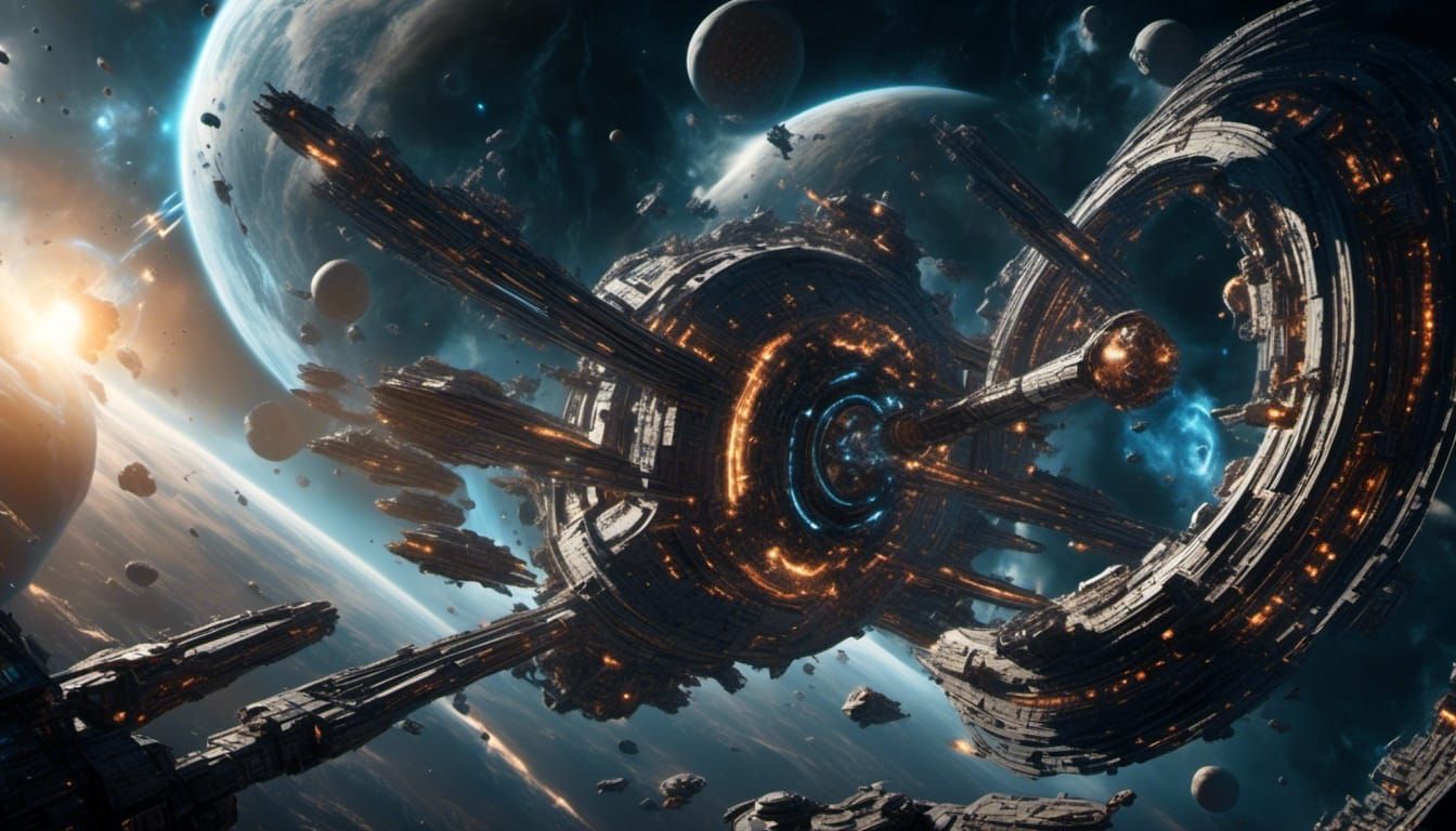 Space Station Near Swirling Wormhole Vortex