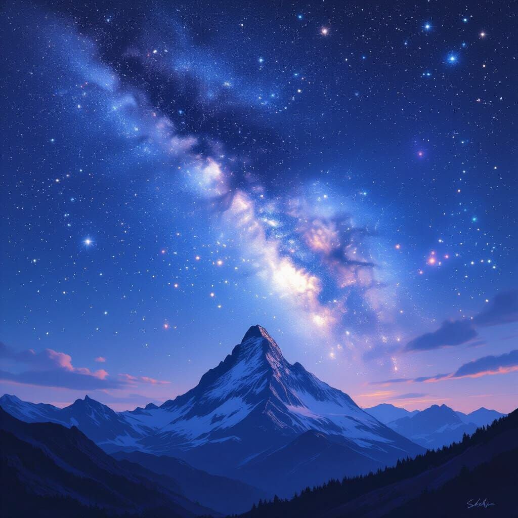 Starry Night Sky Over Mountain Peak
