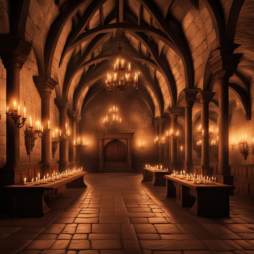 Medieval Castle Halls Lit by Candlelight