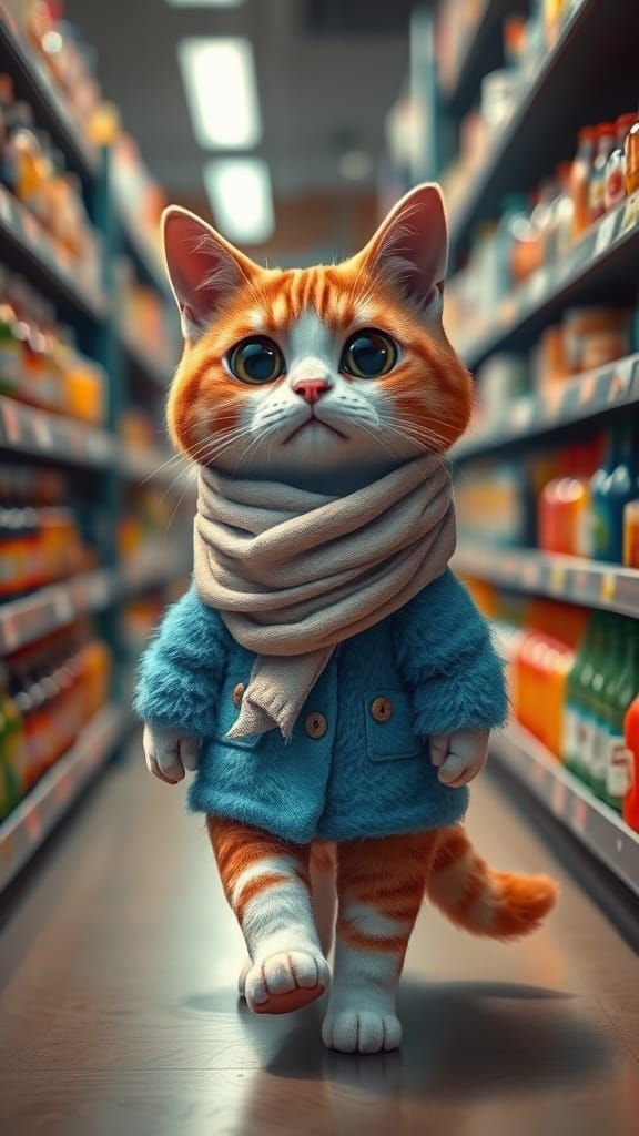Sorrowful Feline Shopkeeper in 3D Digital Art
