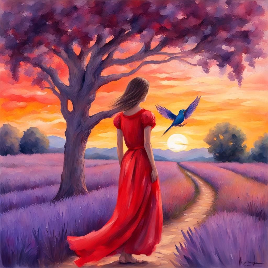 Sunset Scene with Girl and Birds in Gouache Style