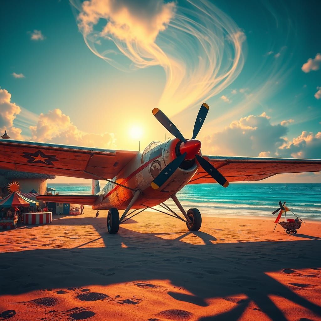 Vintage Seaplane Surrounded by Whimsical Carnival Lights