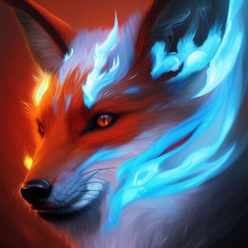 Demon Fox Portrait with Blue Flames
