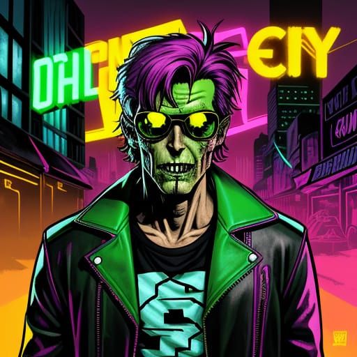 Retro Neon Zombie in Post Apocalyptic Comic Style