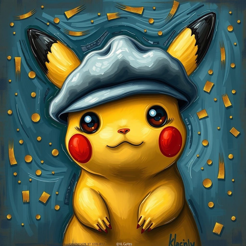 Pikachu-like Creature in Van Gogh Style Oil Painting