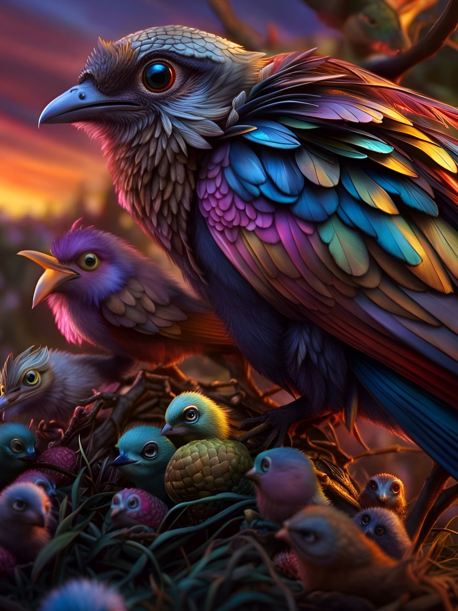 Fantastical Bird Mother and Hatchlings in 3D