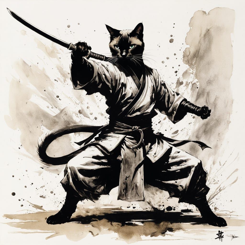 Cyberpunk Siamese Kung Fu Cat in Action
