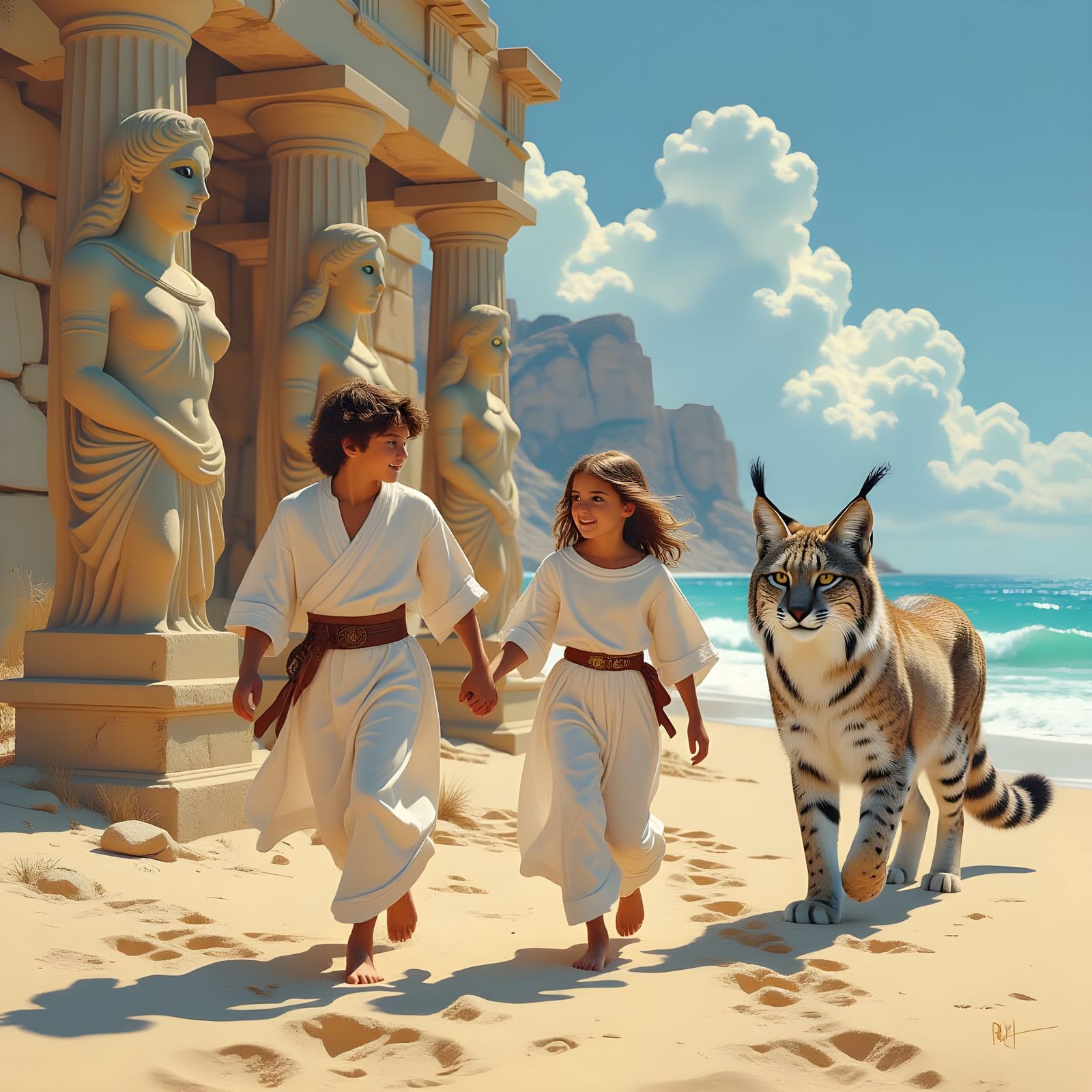 Children Play with Lynx Among Ancient Greek Ruins