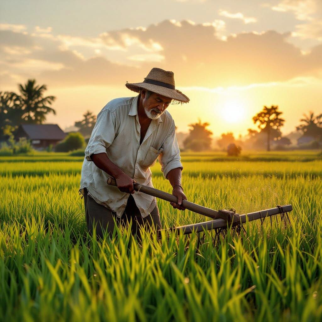 Golden Sunrise Over Paddy Fields: Rural Village Scene