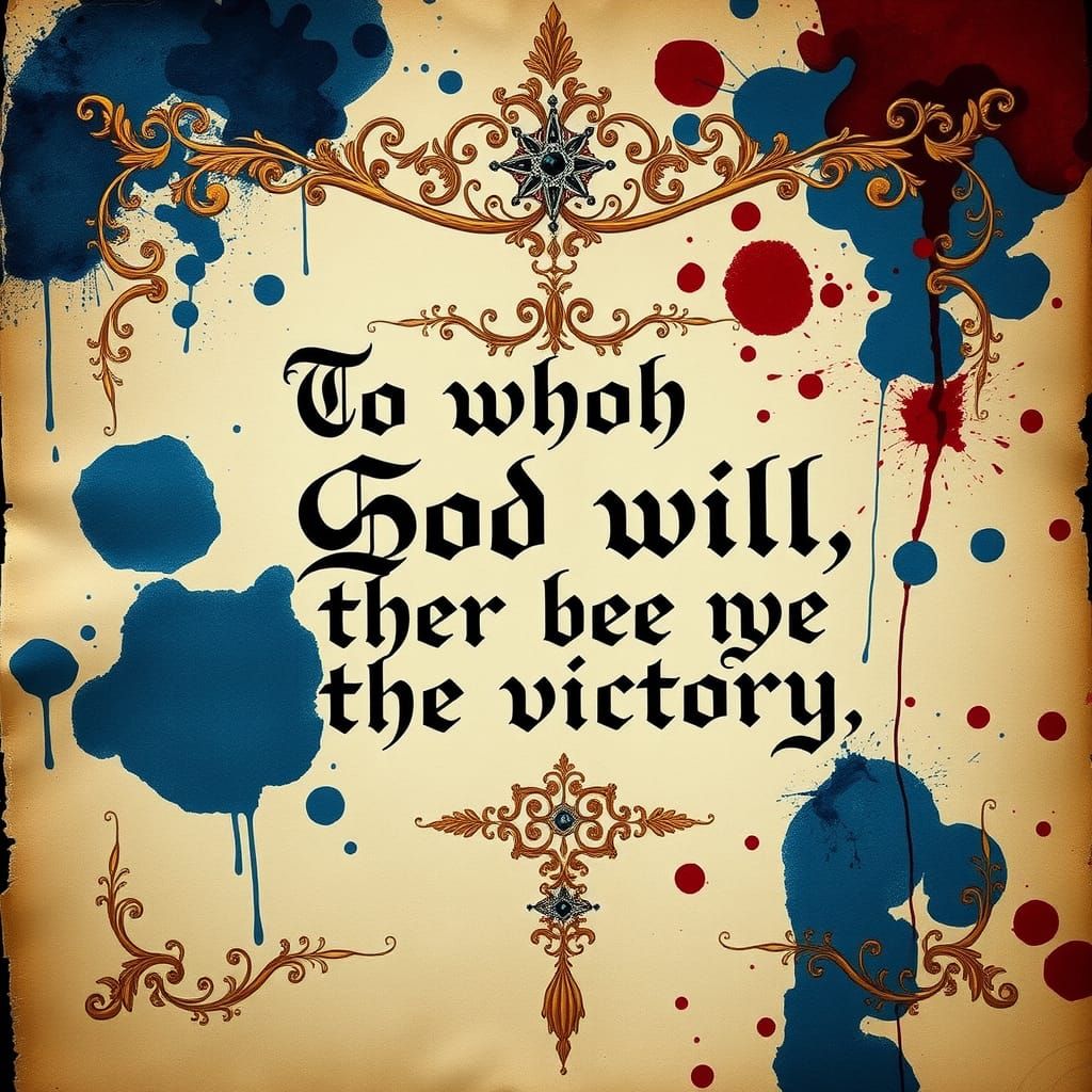 medieval manuscript "To whom God will, there be the victory" ink splatter art