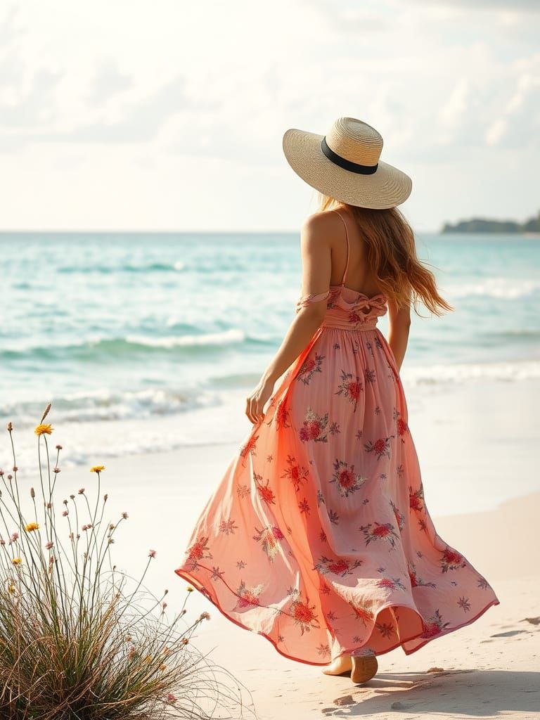Woman in Soft Pastel Beach Scene with Whimsical Details