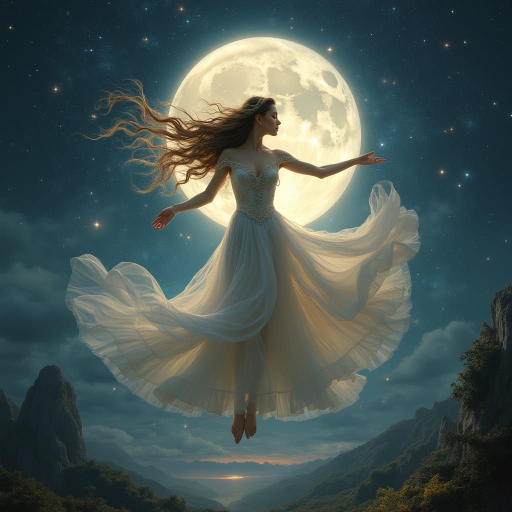 Celestial Dancer in Moonlit Valley, Art Nouveau Style