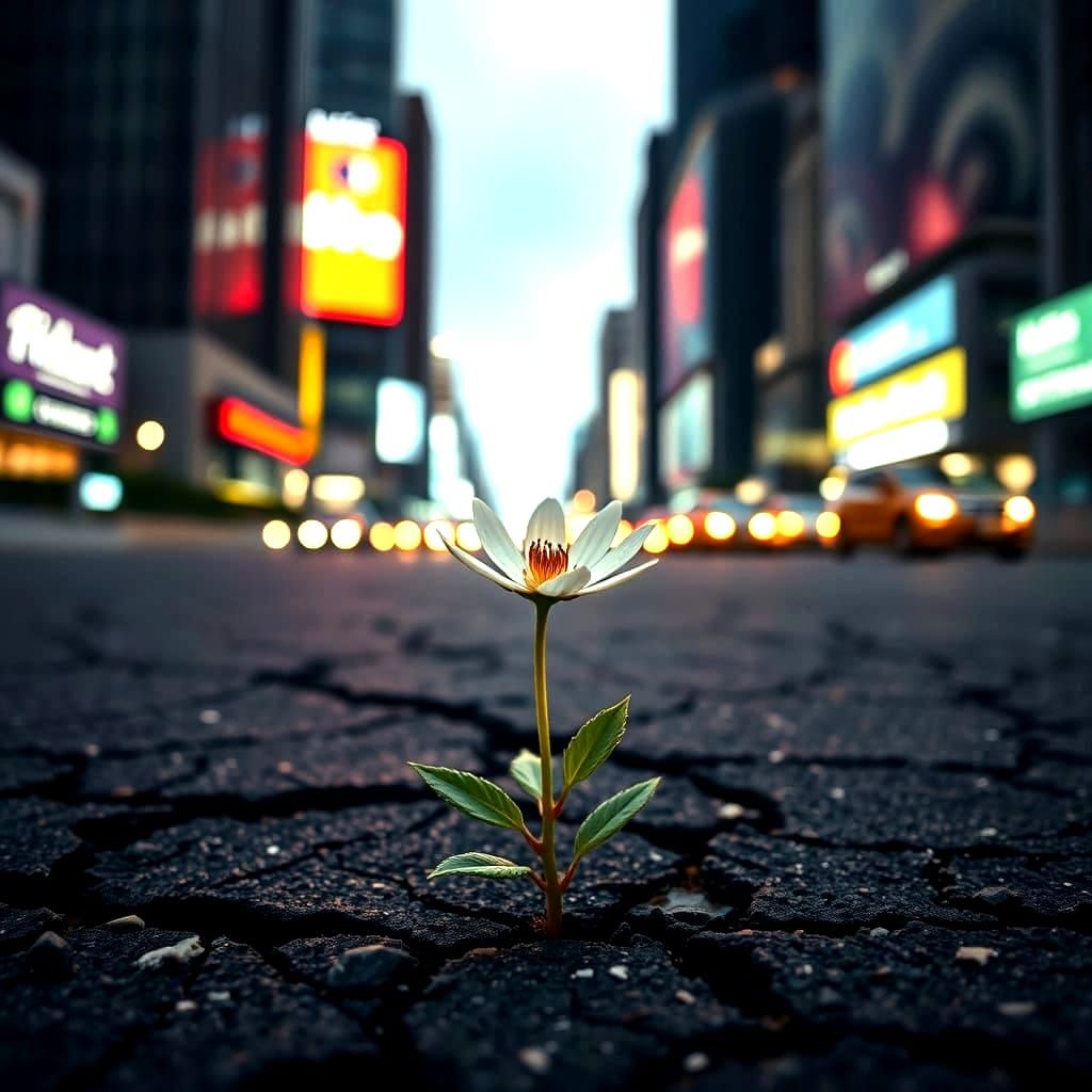 Blooming Beauty Amidst Urban Decay in Cinematic Style