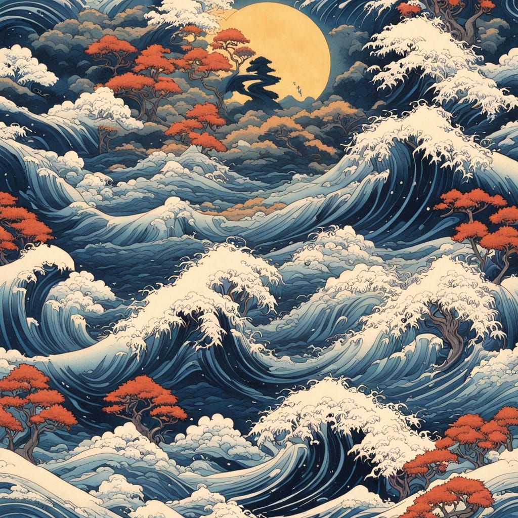 Majestic Japanese Dragon in Traditional Woodblock Art Style