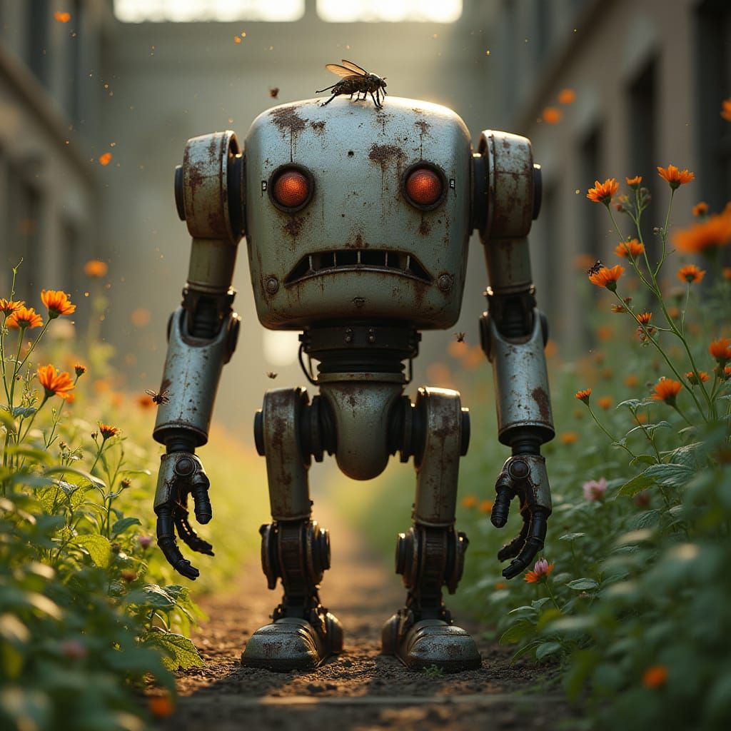 Hyperrealistic Robot in Abandoned Factory in Sunlight