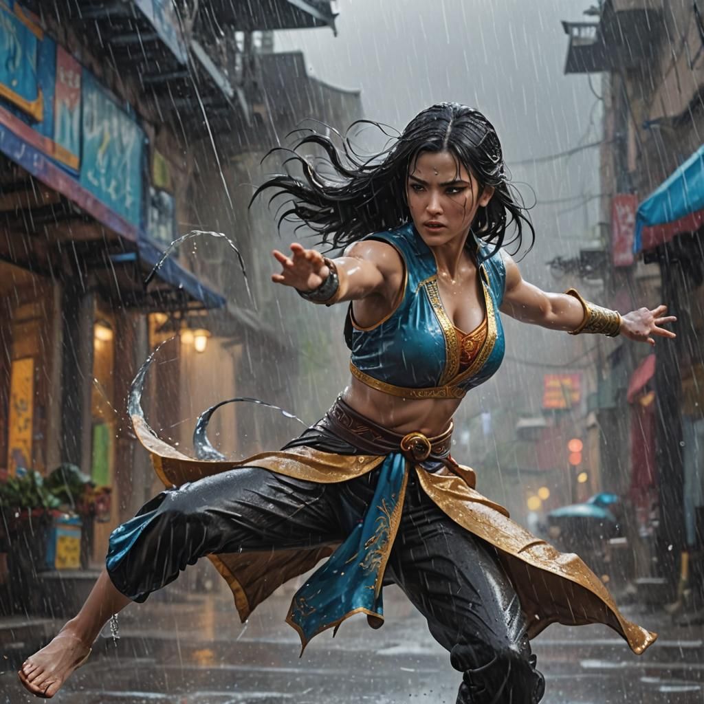 Statuesque Warrior Woman Fighting in the Rain