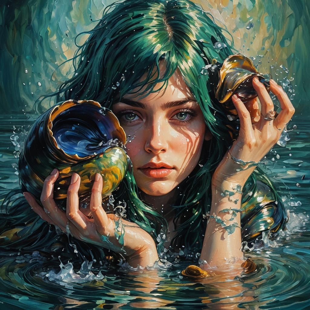 Dreamy aquatic fantasy. Medium shot. Woman with green hair p...