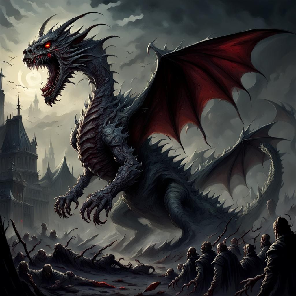 Zombie Dragon with Red Eyes, Horror Art
