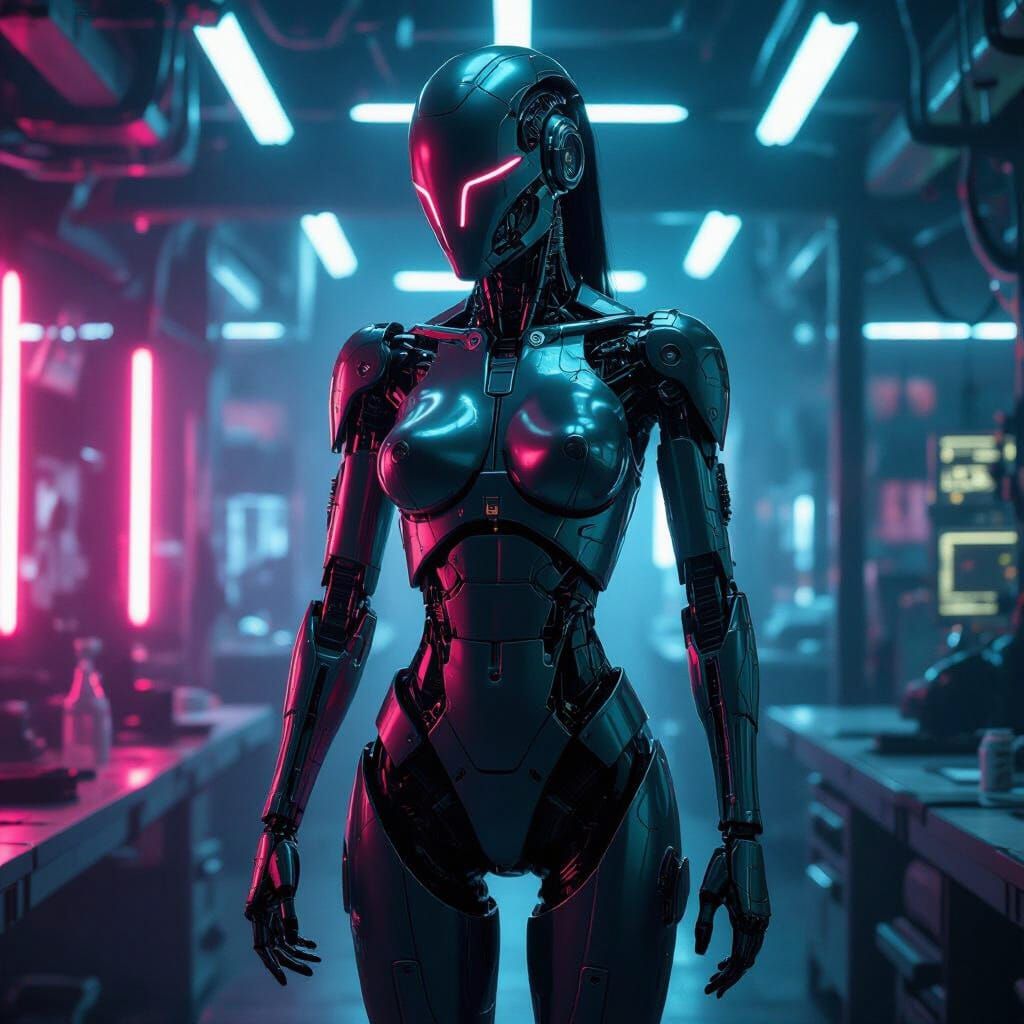 Cybernetic Being in Neon Metropolis, Futuristic Lab