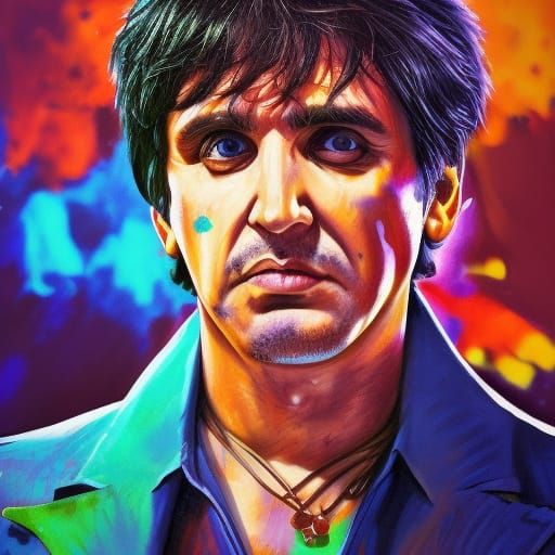 Hyperrealistic Portrait of Tony Montana in Splash Art Style