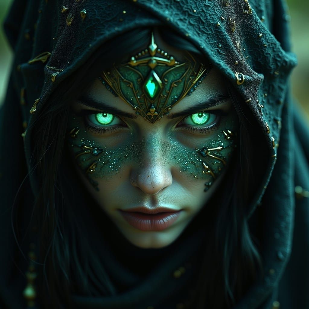Mystical Sorceress in Gemstone Robes, Cinematic Illustration