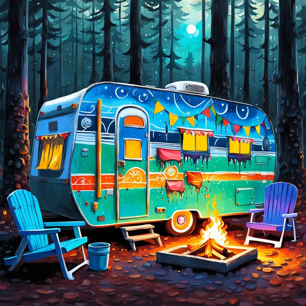 Vintage Camper in Mystical Forest, Graffiti Art