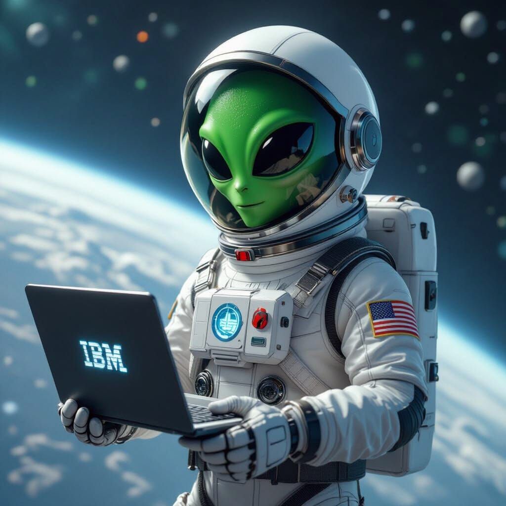 Monopoly Man Alien in Spacesuit with IBM Laptop in Space