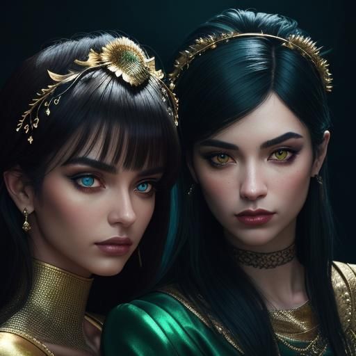 Fantasy Portrait of Women with Metallic Skin and Feathers