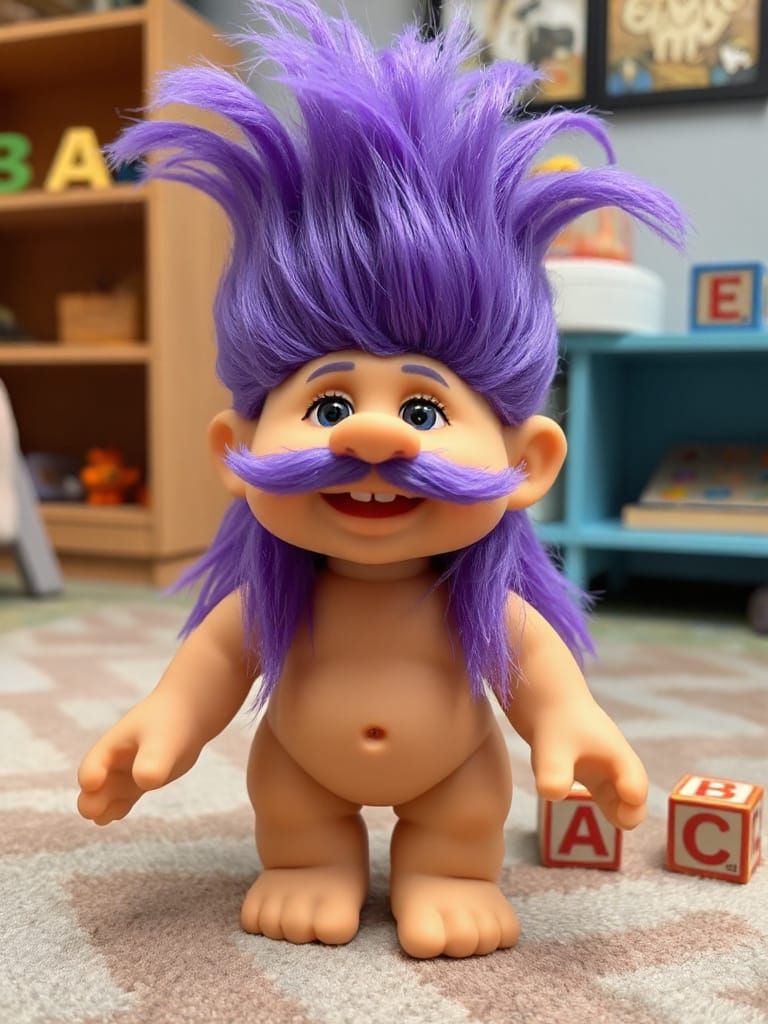 90s Troll Doll with Purple Mullet and Trucker Mustache