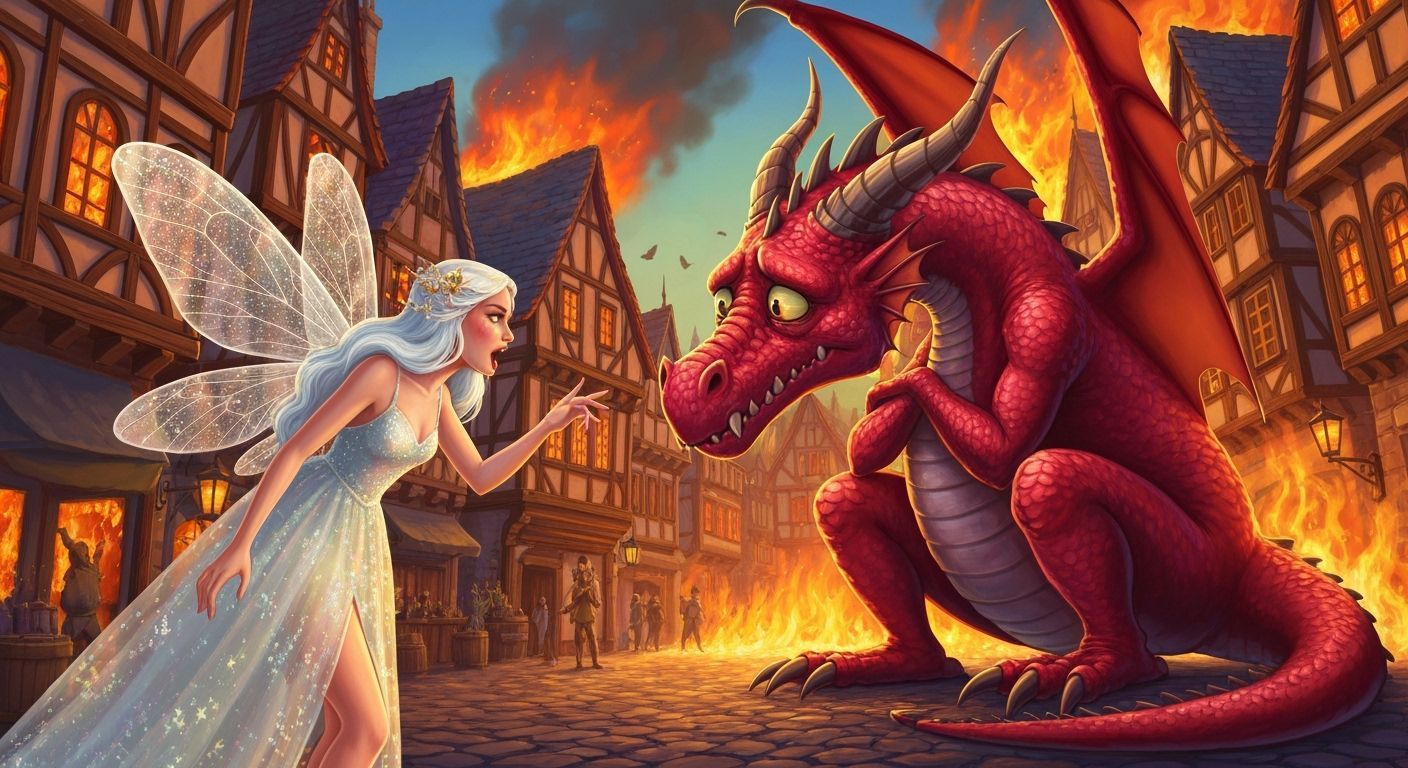 Fairy Reprimands Dragon Amidst Burning Village