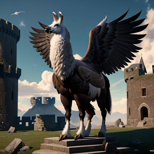 Majestic Llama-Eagle Hybrid in Castle Courtyard