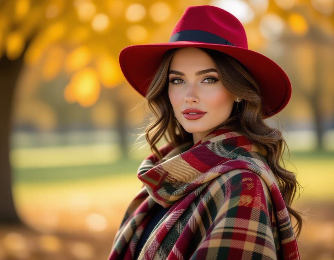 Elegant Woman in Autumn Park with Red Hat