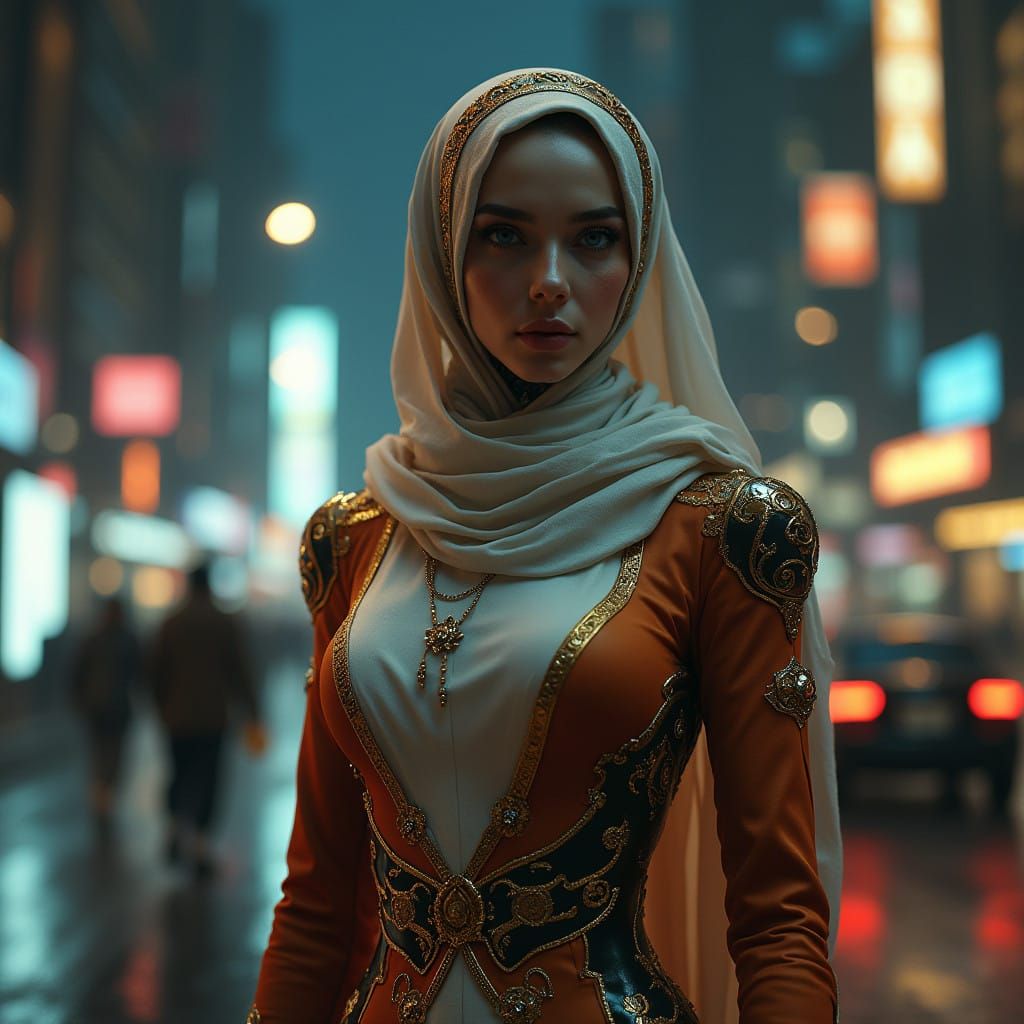 Confident Arab Robot Lady Illuminates Futuristic City Night
