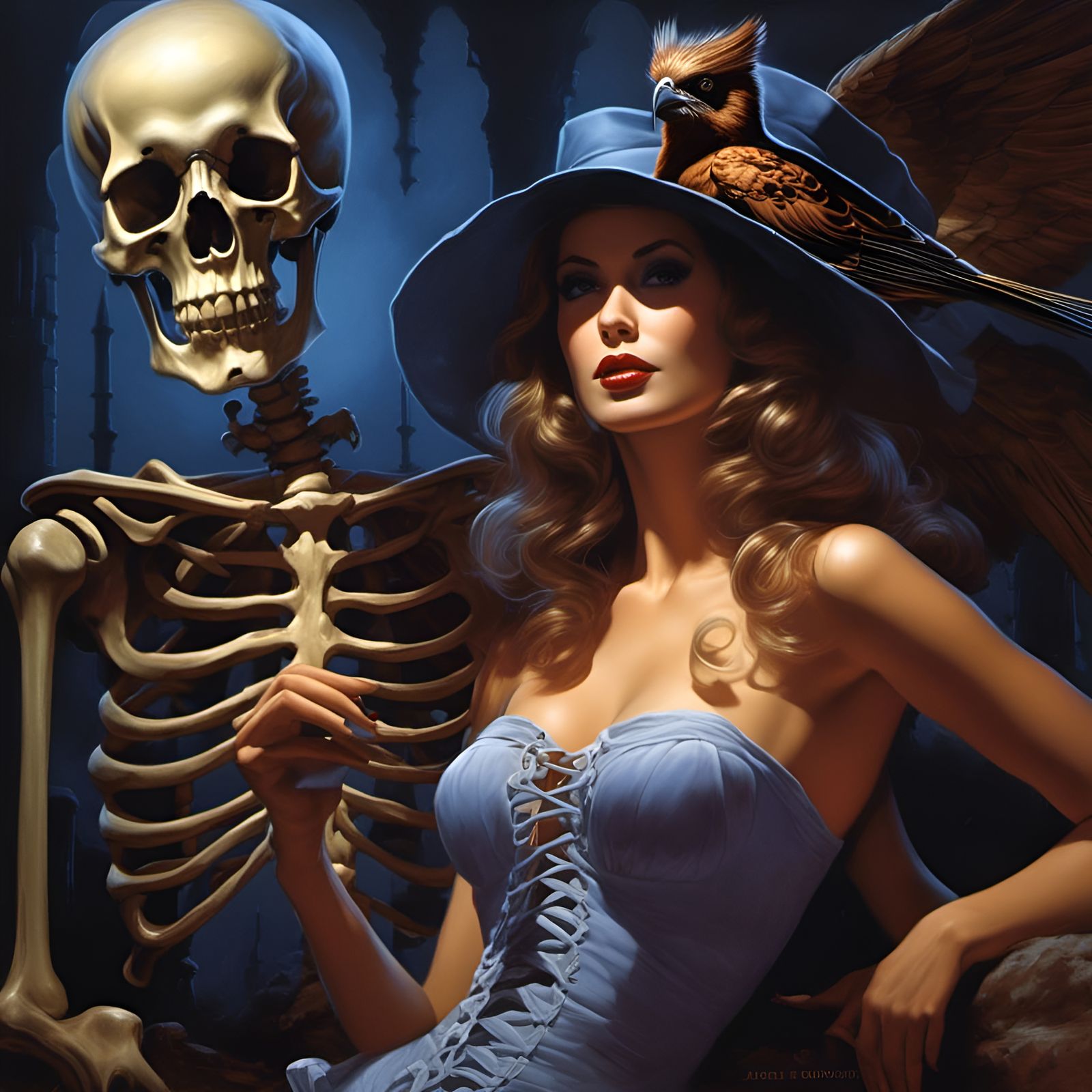Woman with Skeleton and Bird: Fantasy Portrait