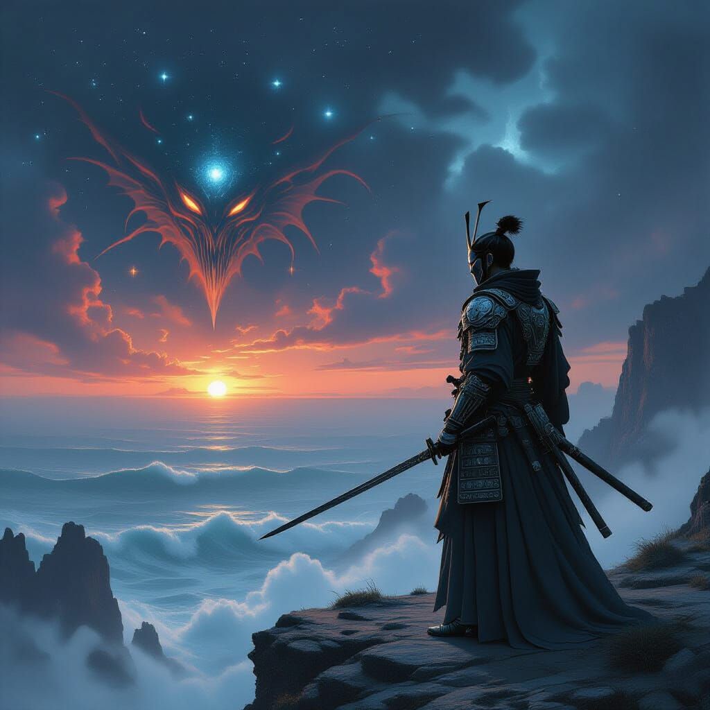 Samurai in Biomechanical Armor on Cosmic Cliff Edge