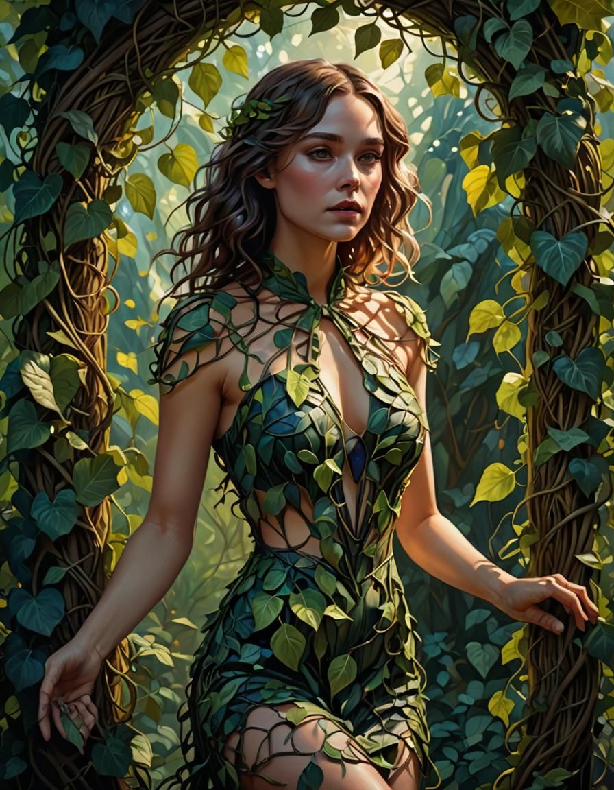 Ethereal Portrait of Woman in Leafy Vines, Surreal Art