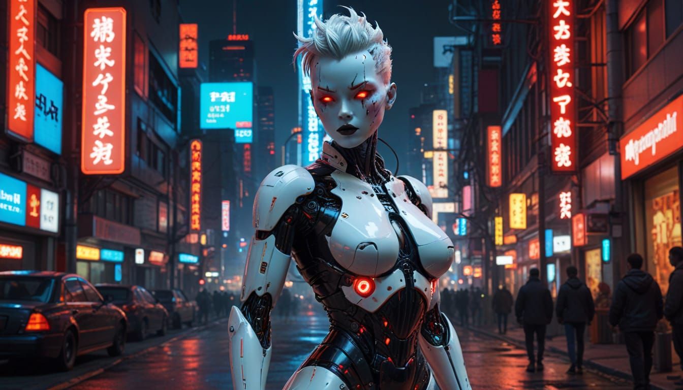 Japanese Gynoid in Cyberpunk Cityscape - Gil Elvgren Style