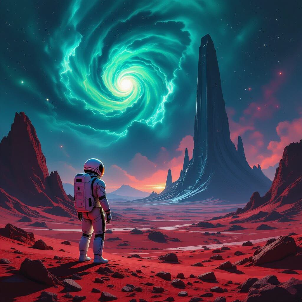 Astronaut on Alien Planet Beneath Nebula