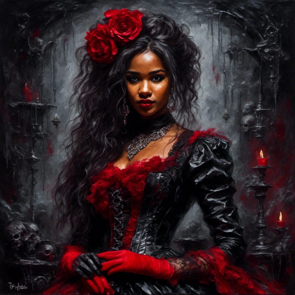 Gothic Lady in Red and Black Acrylic Painting