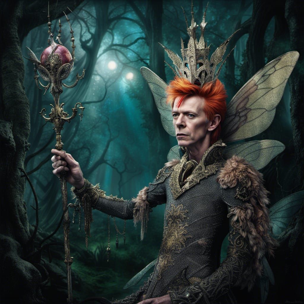 David Bowie as a fairy king in an enchanted kingdom drawn by...