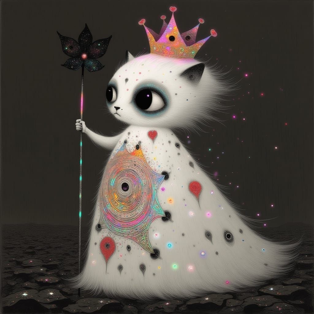 Regal Feline Queen of Hearts in Whimsical Anime Style