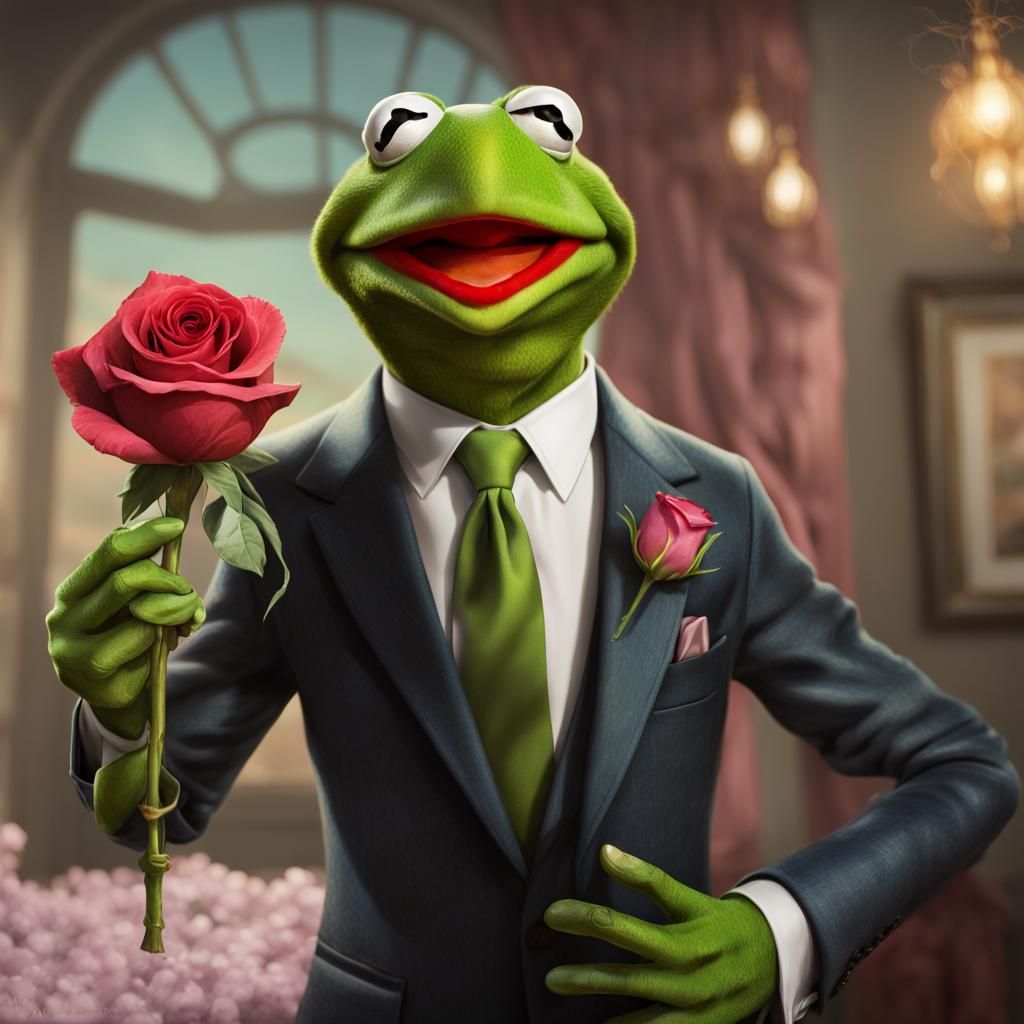 Kermit the Frog on a Date: Hyperrealistic Portrait