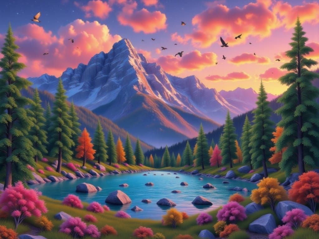 Vibrant Mountain Sunset Over Blue-Green Ocean